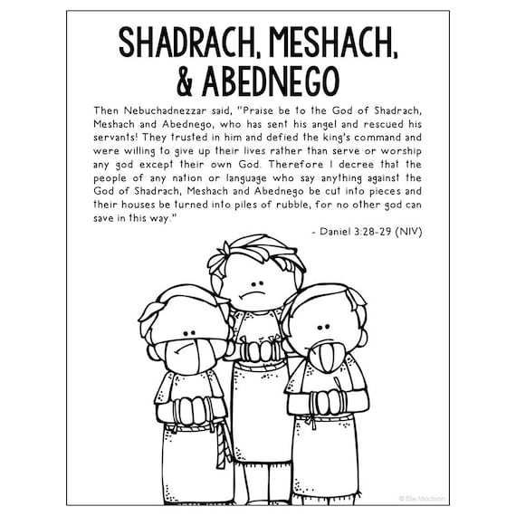 Shadrach meshach abednego bible story coloring page activity sunday school lesson plan bible study unit for kids old testament