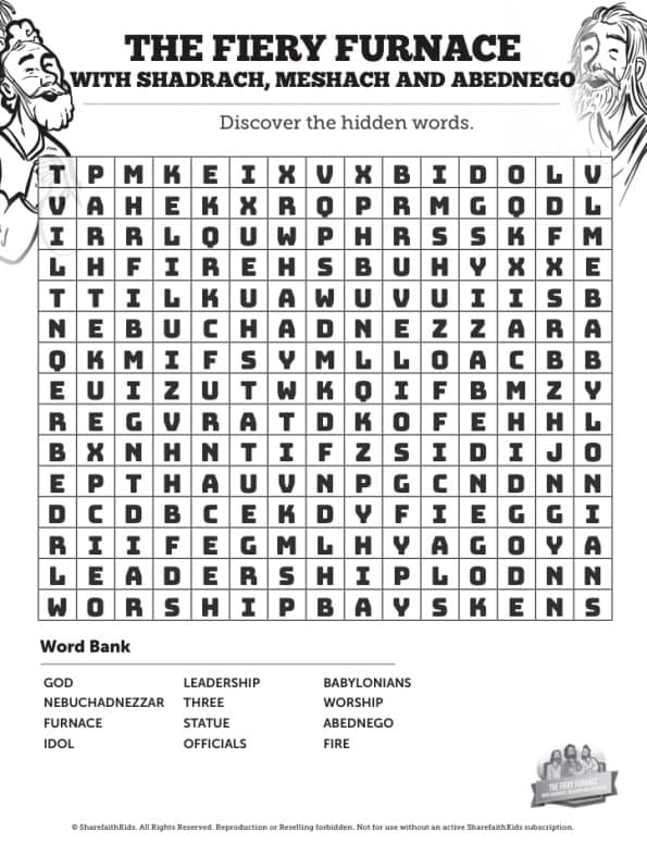 The fiery furnace with shadrach meshach and abednego bible word search puzzles â