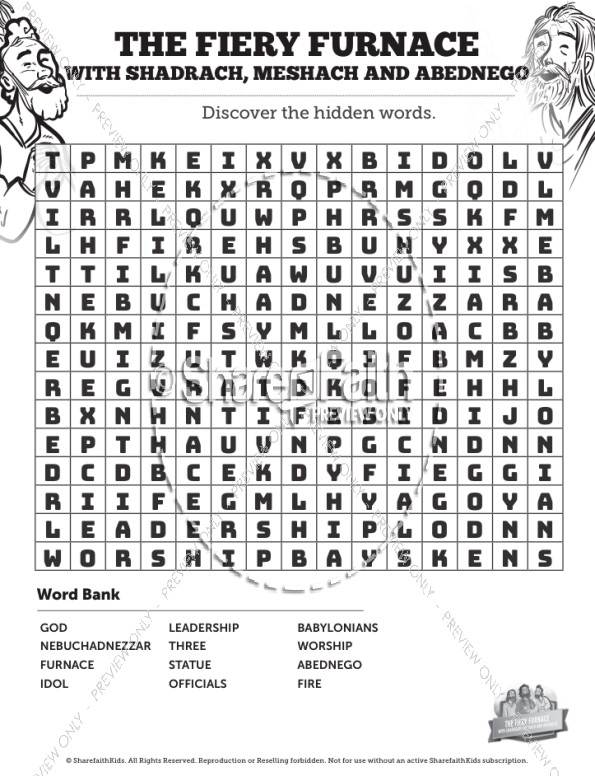 The fiery furnace with shadrach meshach and abednego bible word search puzzles â