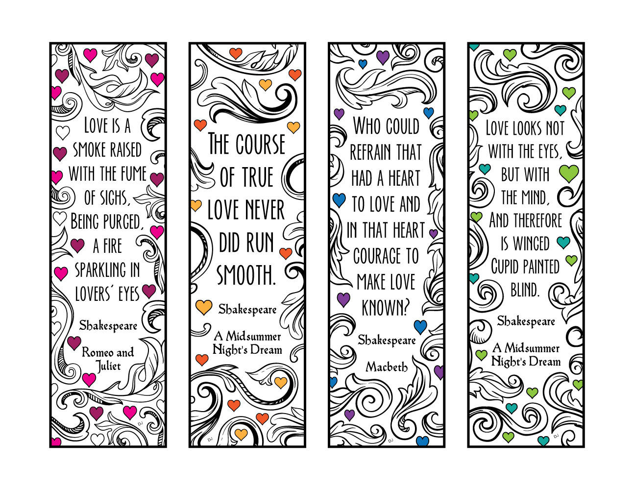 Shakespeare quotes about love â bookmarks â pdf zentangle coloring page â scribble stitch