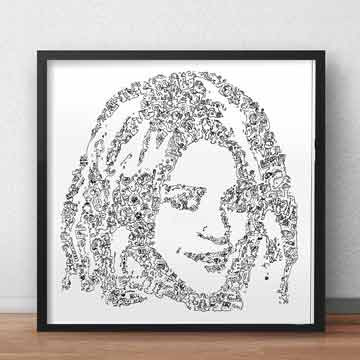 Shakira print of the singer with doodle ink biography drawing â