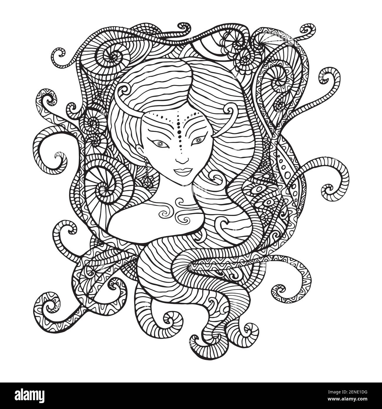 Surrealistic woman shaman coloring page for children and adults vector hand drawn illustration doodle cartoon fairy tales graphic art mystic triba stock vector image art