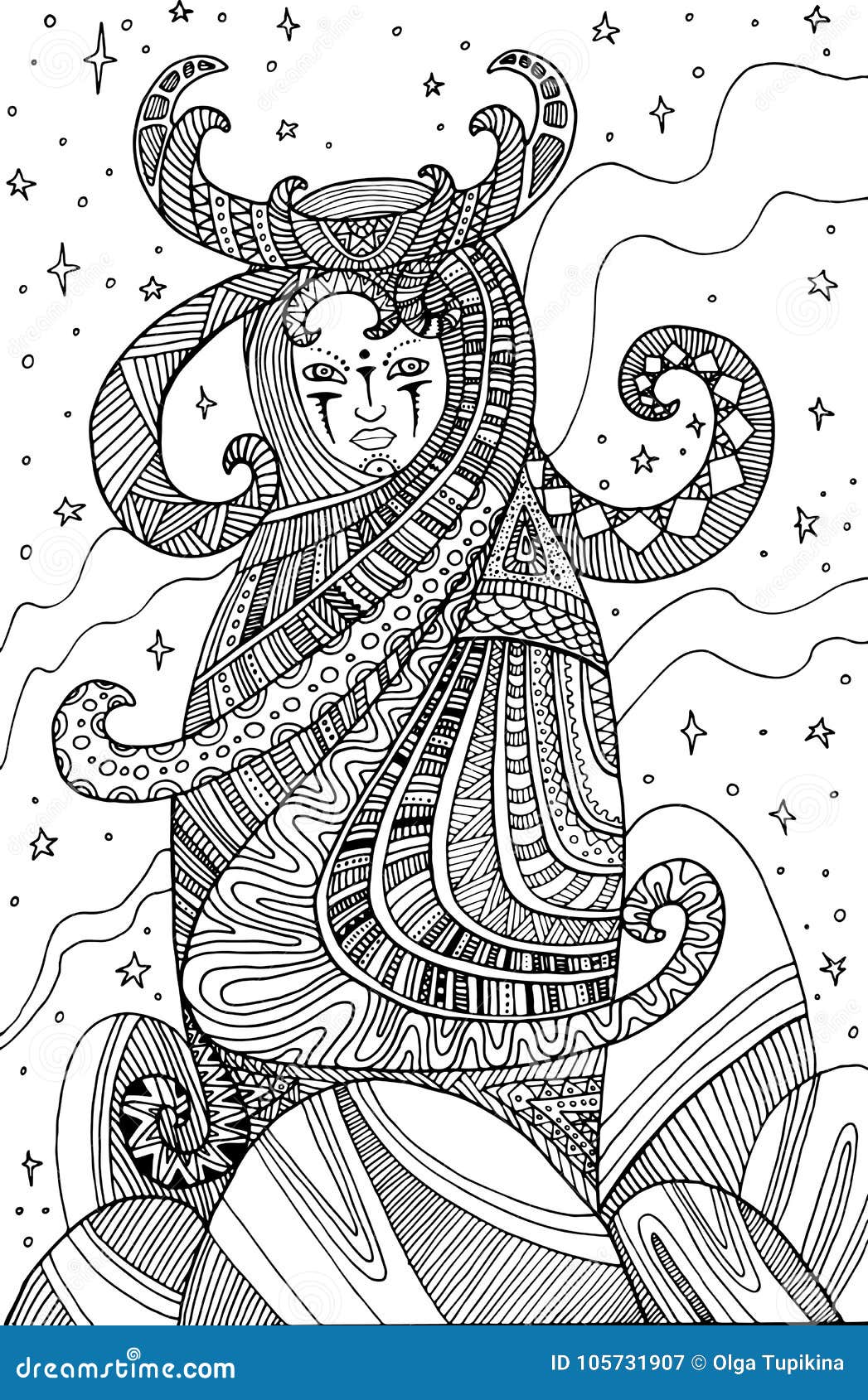 Surrealistic woman shaman coloring page for children and adults stock vector