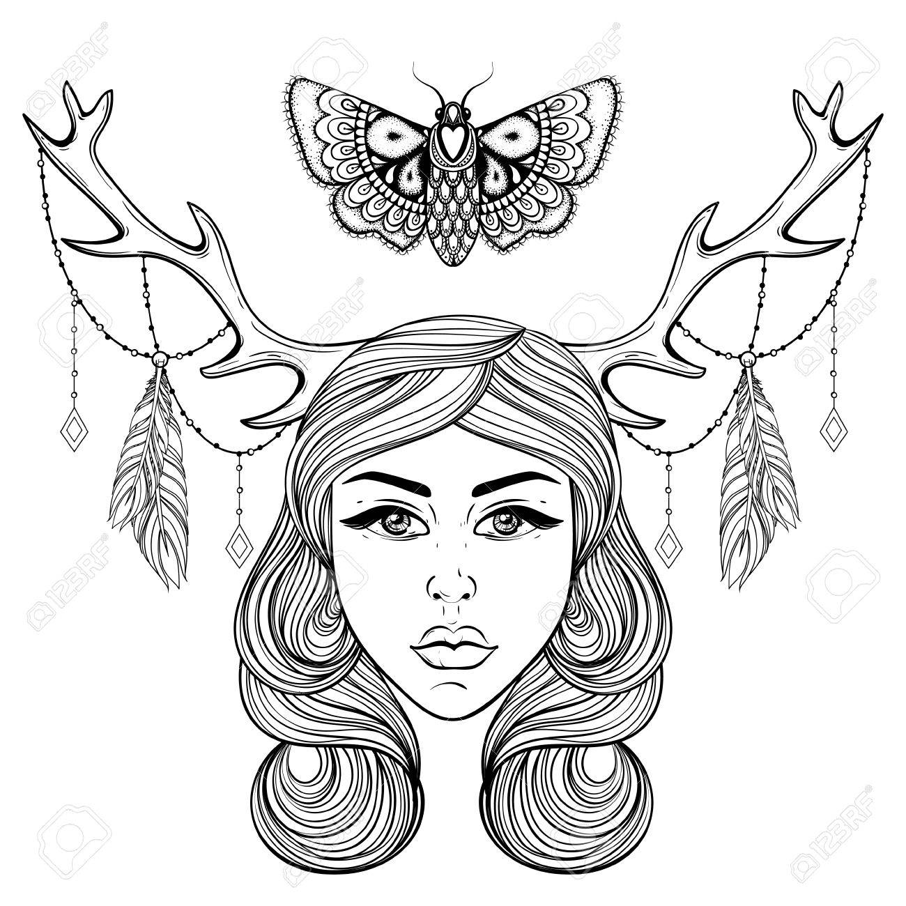 Beautiful girl with boho deers horns like shaman vector forest nymph woman for adult coloring pages spirituality occultism symbol tattoo hand drawn ethnic t