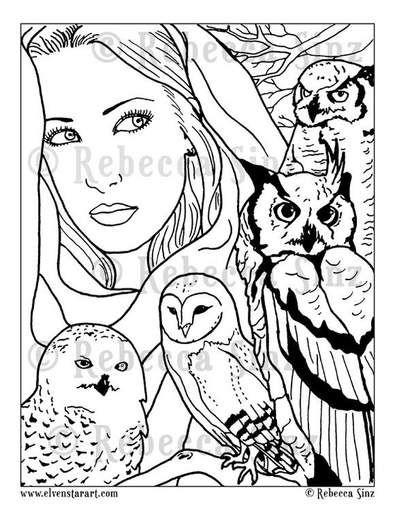 Coloring page printable owls shaman woman fantasy art instant digital download adult coloring hobby