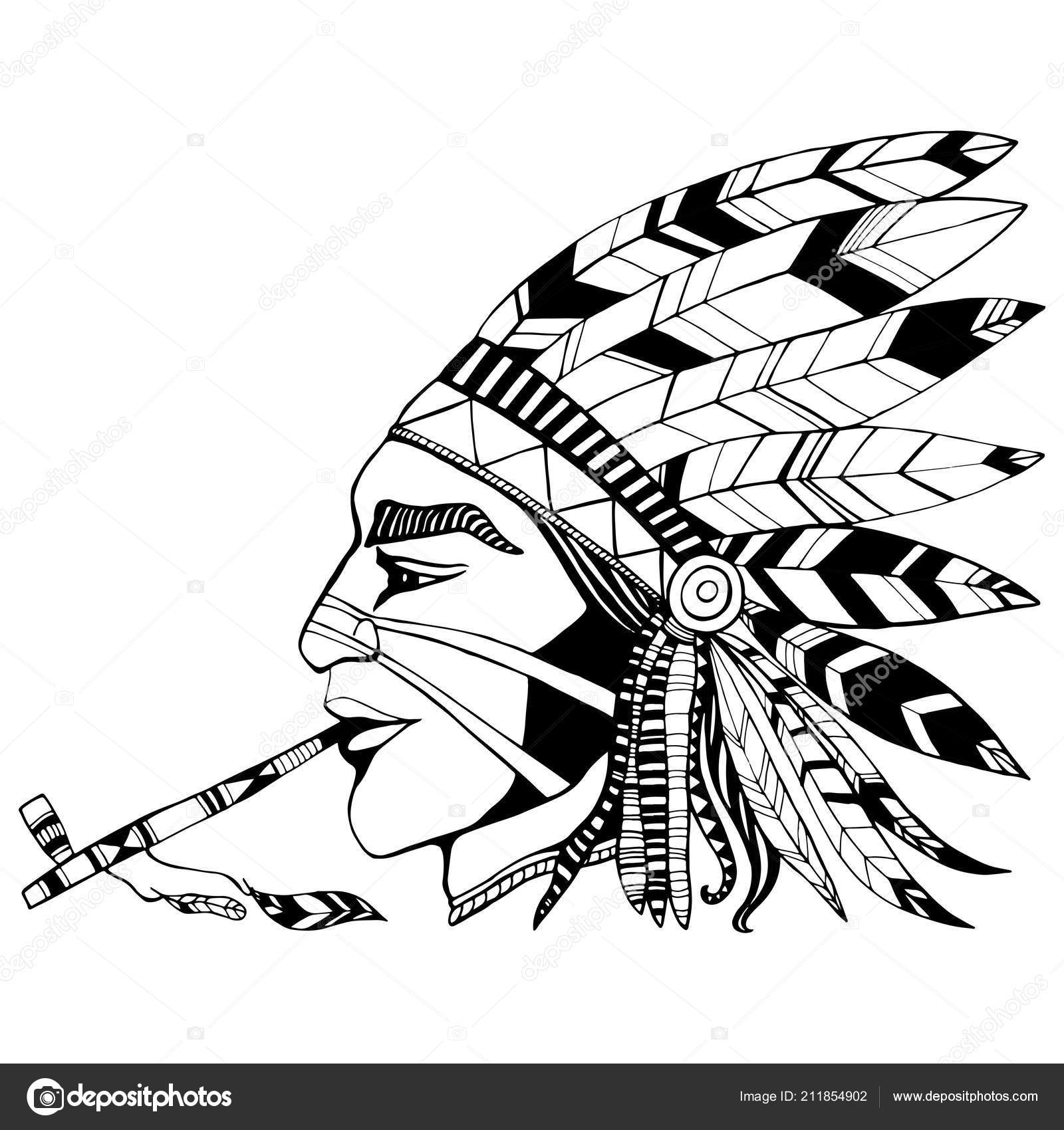 Indian shaman in ethnic costum smokes a pipe of peace coloring p stock vector by olgaperpetuummobile