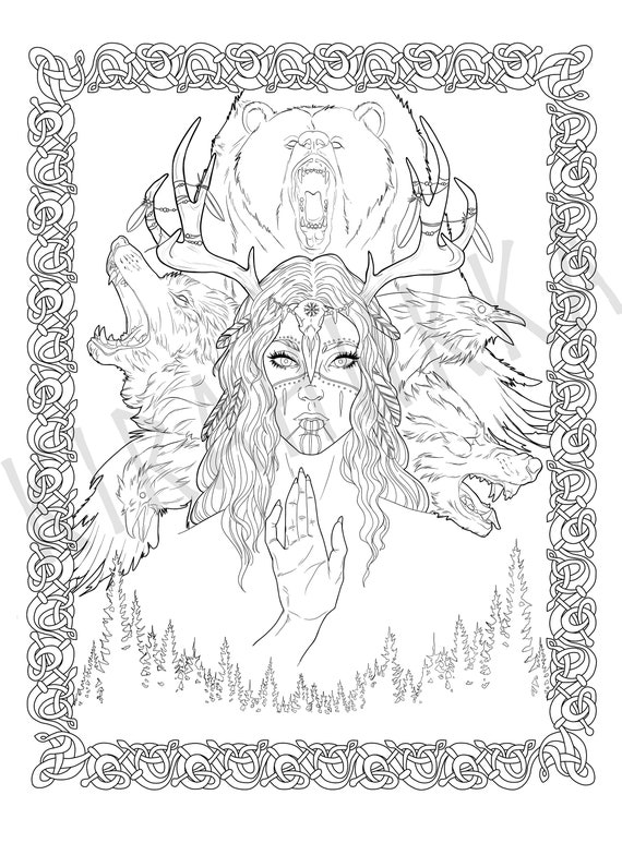 Shaman coloring page norse mythology viking shaman woman wolf bear raven helm of awe digital printable fantasy coloring books