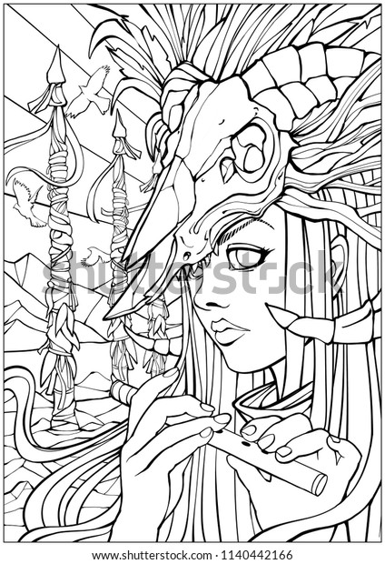 Coloring pages adults girl shaman flute stockillustration