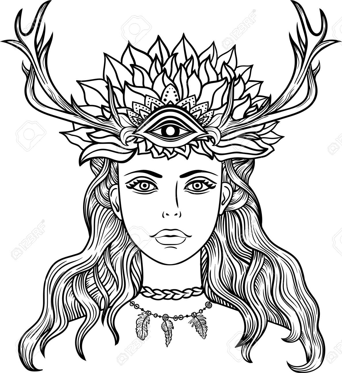 Hand drawn beautiful artwork of female shaman with third eye alchemy religion spirituality occultism tattoo line zentangle hipster art coloring booksisolated vector illustrationfeathers horns royalty free svg cliparts vectors and stock