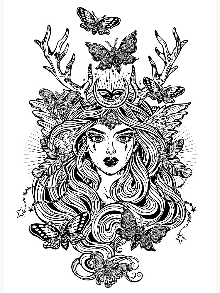 Shaman elf magic woman with deer antlers and long hair nightn moths and butterflies art board print for sale by katjagerasimova