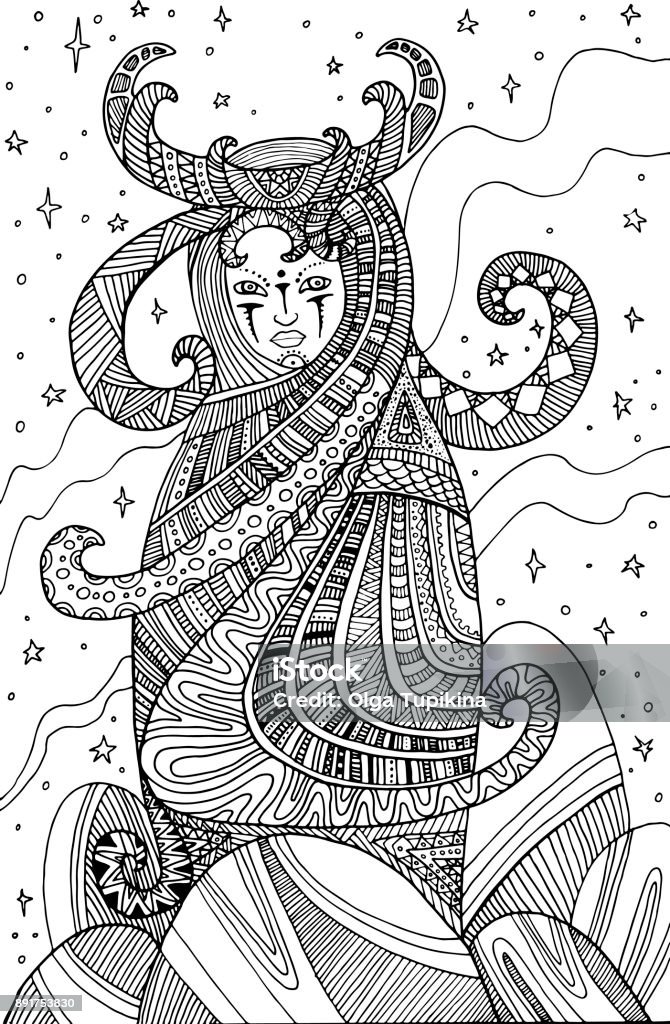 Surrealistic woman shaman coloring page for children and adults stock illustration