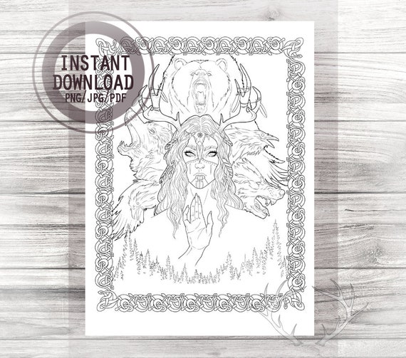 Shaman coloring page norse mythology viking shaman woman wolf bear raven helm of awe digital printable fantasy coloring books