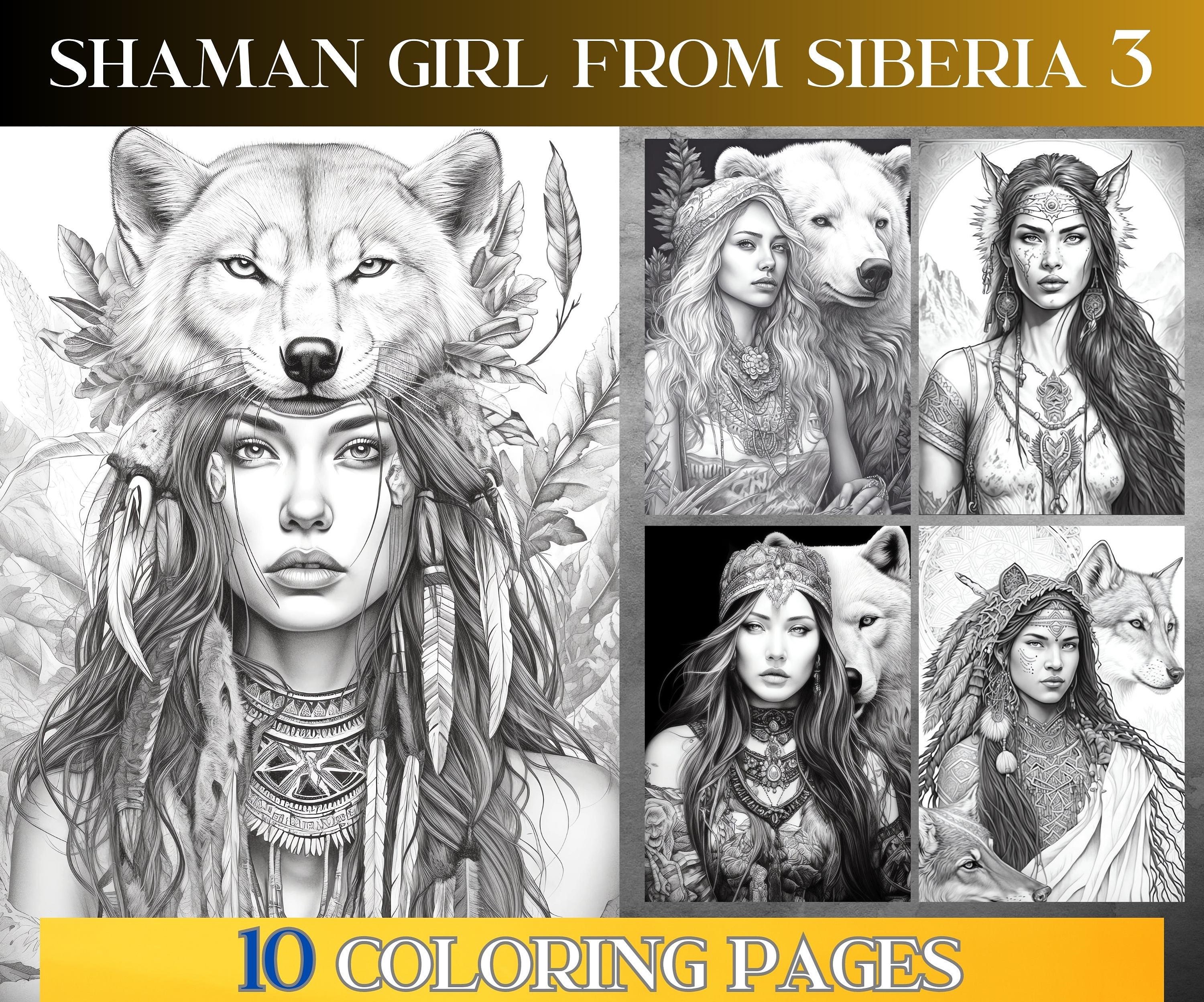 Grayscale adult coloring pages of beautiful shaman girl from siberia format a instant digital printable png pdf hd dpi download now