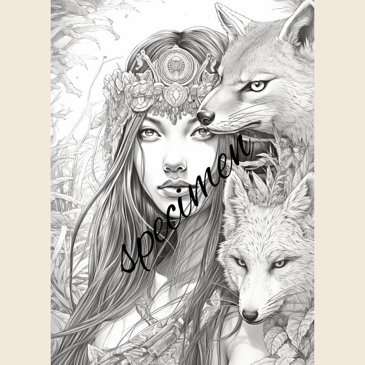 Grayscale adult coloring pages of beautiful shaman girl from