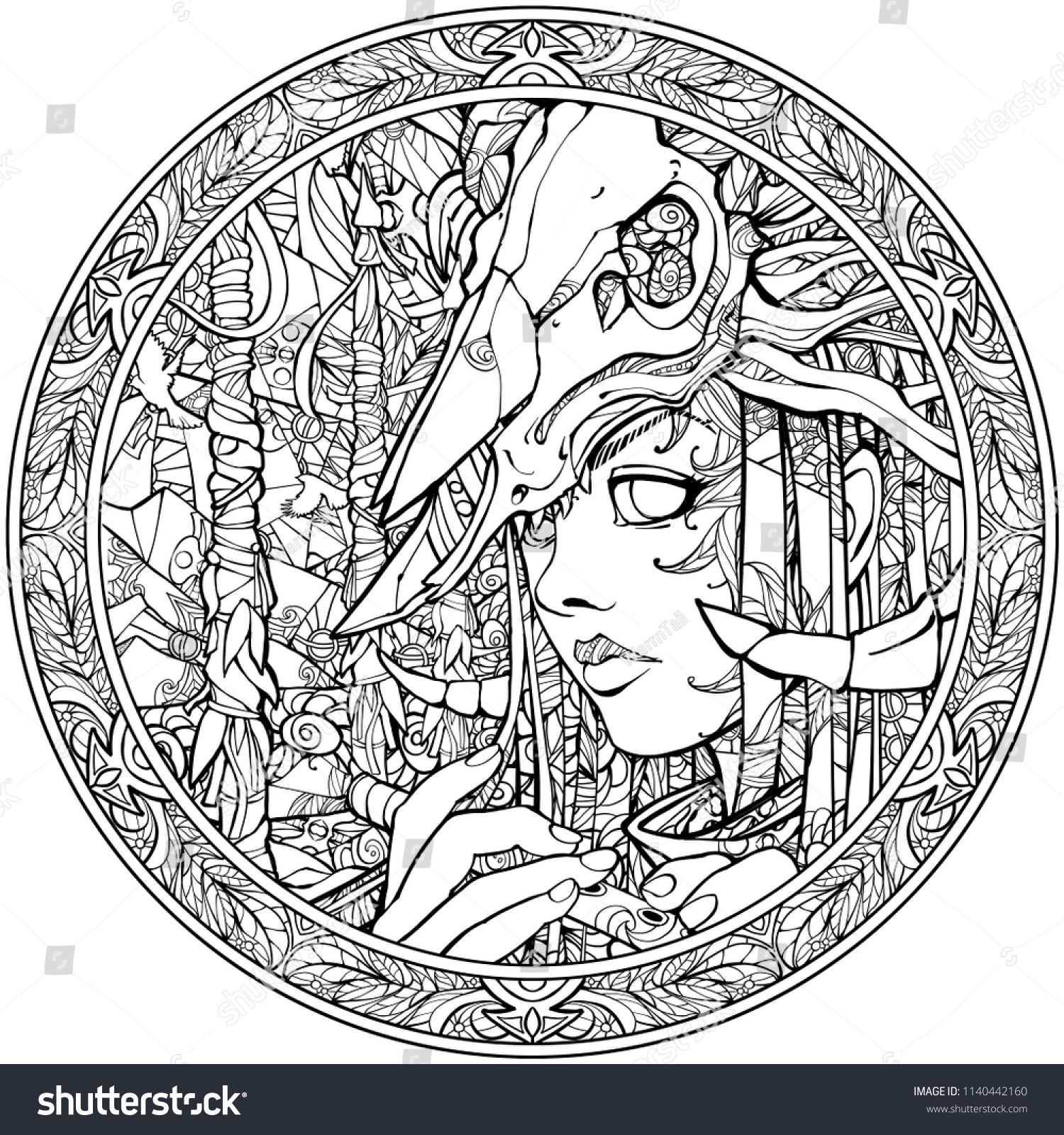 Coloring pages adults girl shaman flute stock illustration