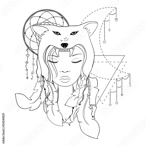 Native american girl with wolf headdress lineart hand drawn vector portrait of a beautiful shaman woman banner poster card t