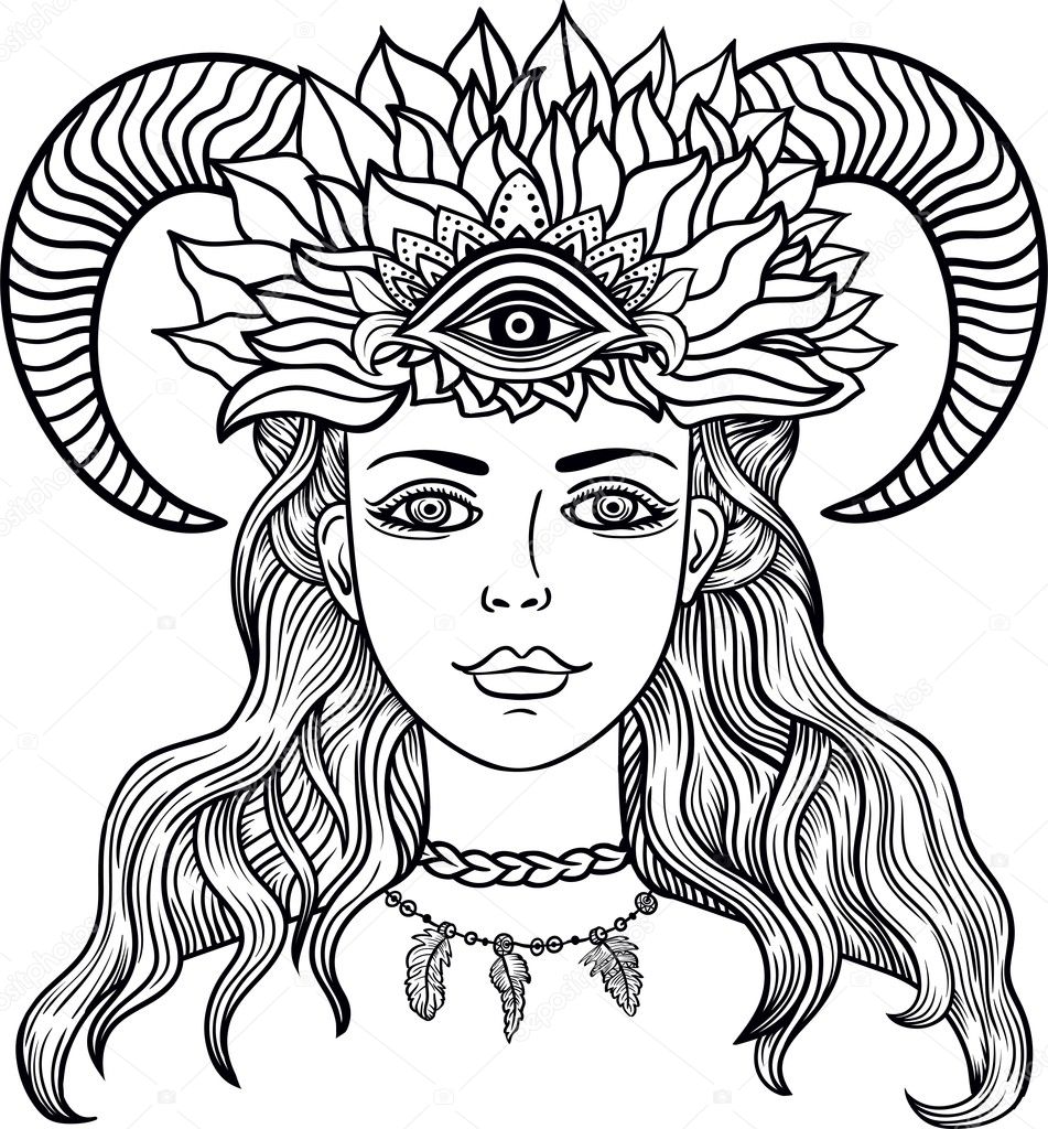 Hand drawn beautiful artwork female shaman third eye ram horn stock vector by shik