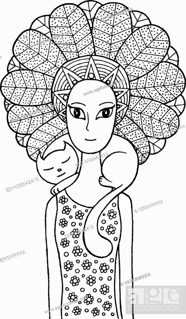 Boho shaman girl with cute cat vector hand drawn fairy tale illustration for coloring page or book stock vector vector and low budget royalty free image pic esy