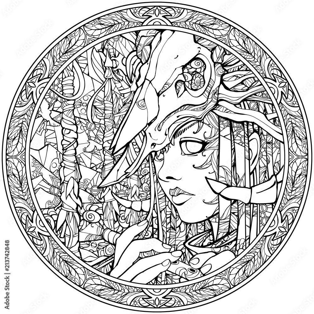 Coloring pages for adults girl shaman with a flute with a skull on the head illustration