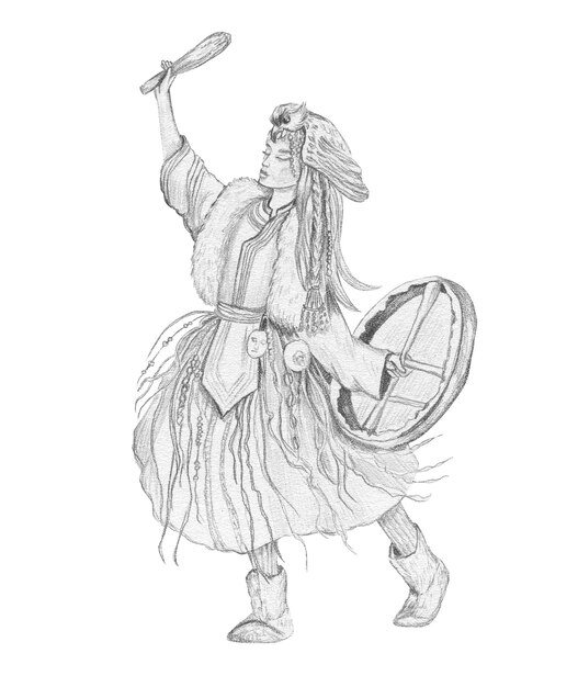 Premium vector graphic drawing of a shaman girl with a tambourine