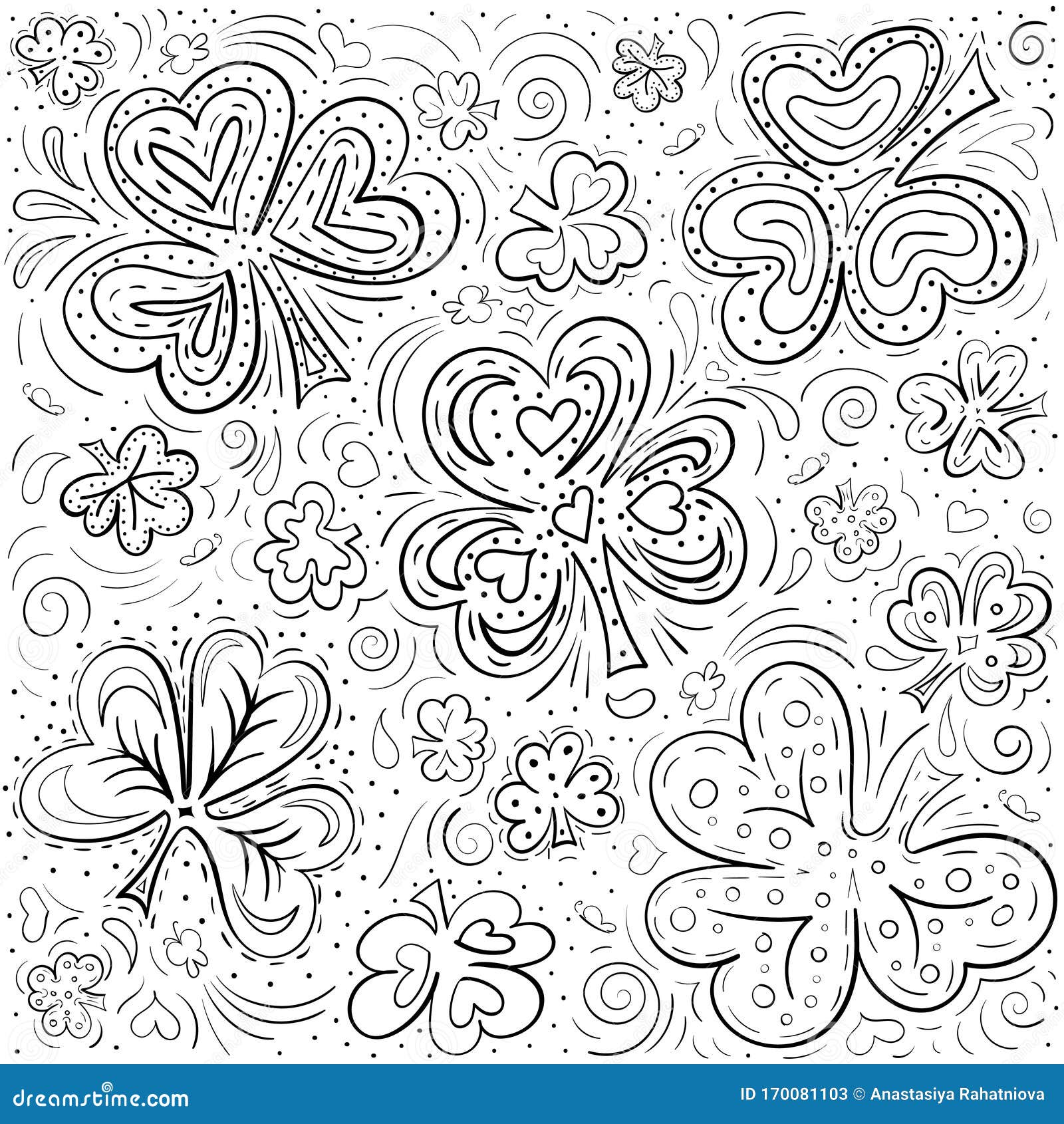 Adult coloring book page shamrock leaves different shape and decoration hearts and butterflies stock vector