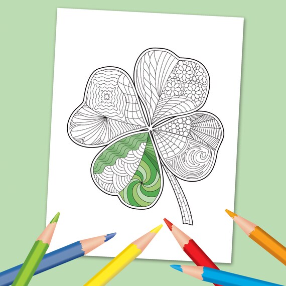 St patricks day shamrock coloring page zentangle inspired four leaf clover instant digital download