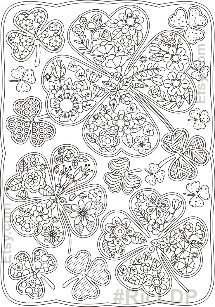 St patricks day coloring pages flowers and clover leaves rainbow pot of gold shamrock design digital download