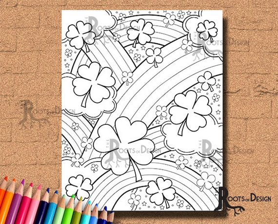 Instant download coloring page shamrock and rainbows doodle art printable