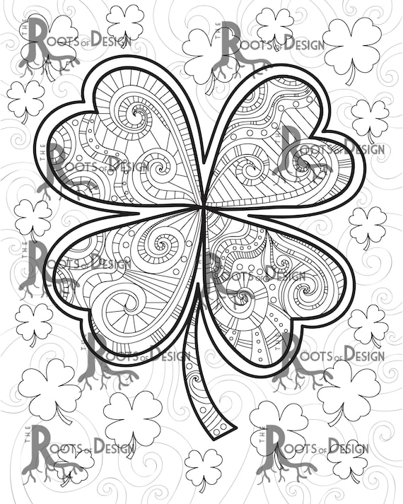 Instant download coloring page shamrock clover print zentangle inspired doodle art printable
