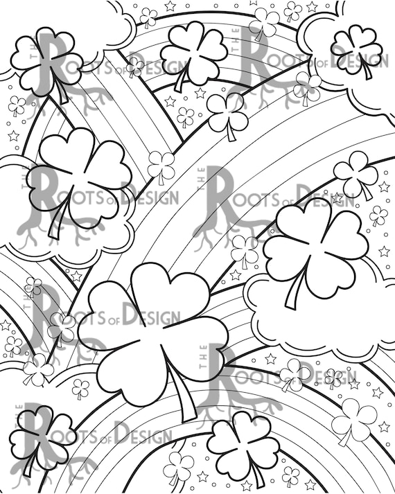 Instant download coloring page shamrock and rainbows doodle art printable