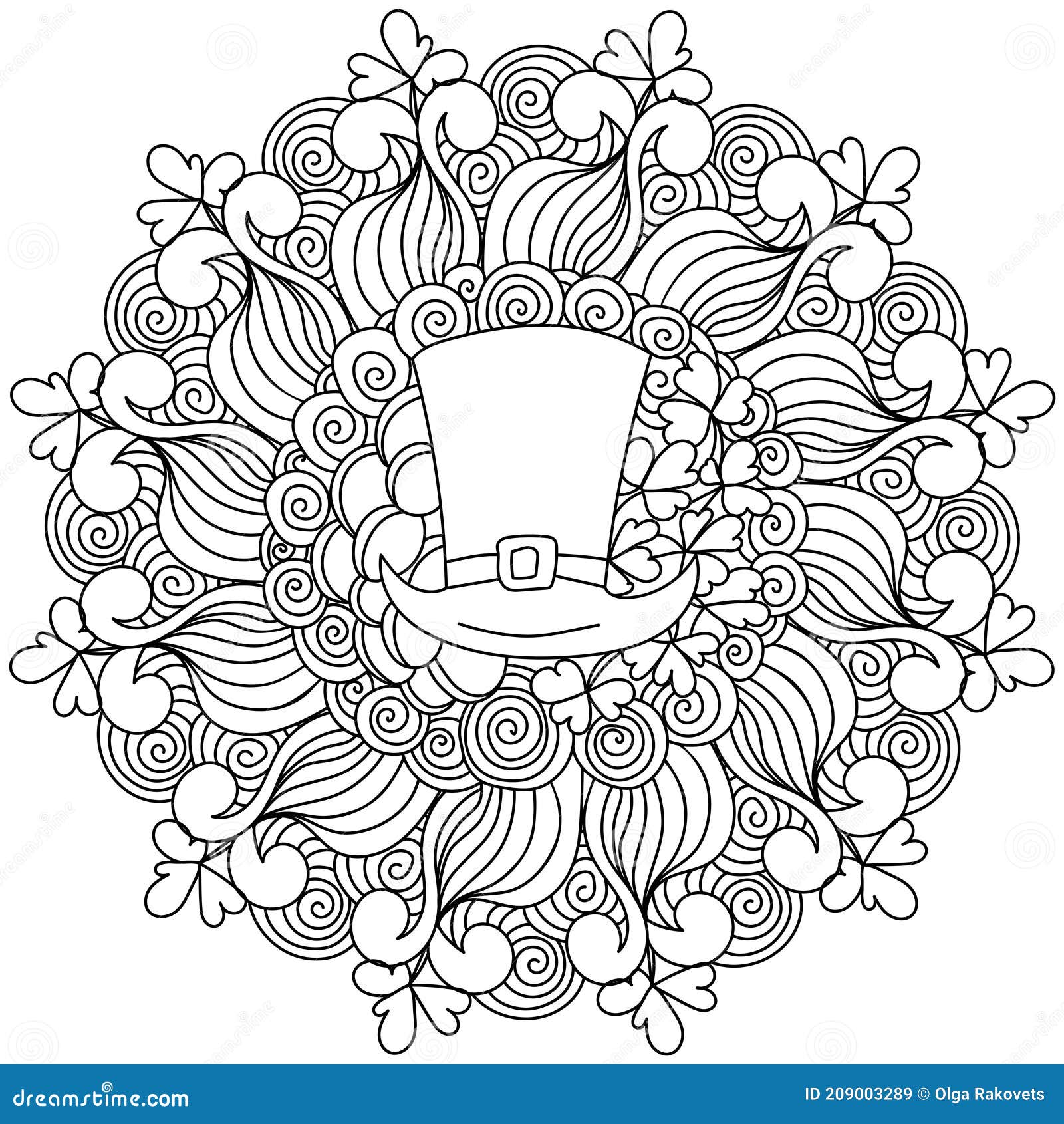 St patrick s day mandala leprechaun hat clover and intricate patterns in zen coloring page stock vector