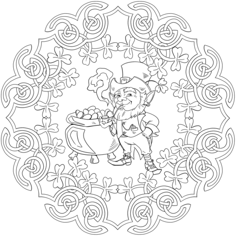 Mandala with st patrick elements like celtic knot old leprechaun and pot of gold coloring page free printable coloring pages