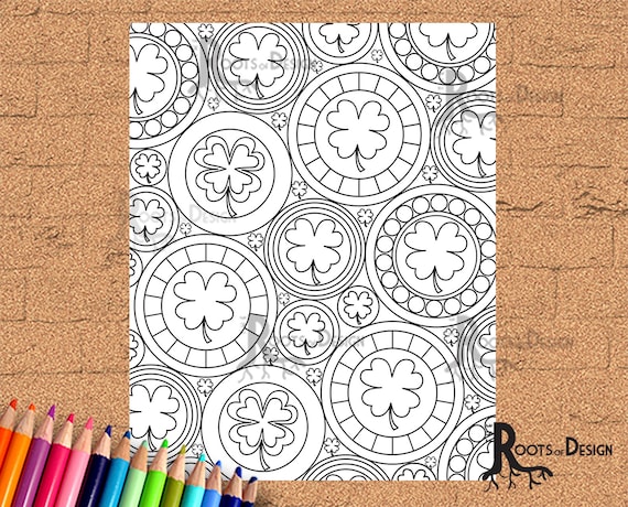 Instant download coloring page shamrock clover circles print zentangle inspired doodle art printable