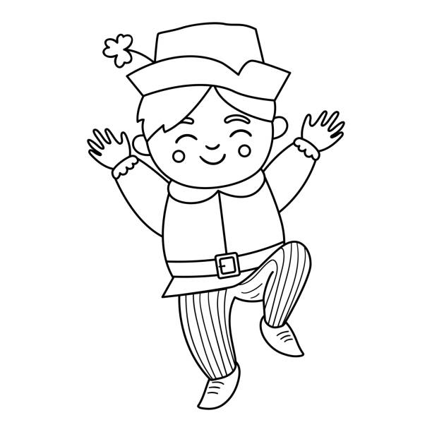 Vector black and white funny boy in traditional clothes and hat with shamrock cute outline saint patrick day illustration national irish holiday line icon or coloring page stock illustration