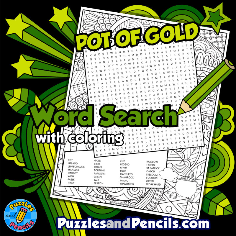 Pot of gold word search puzzle with coloring st patricks day wordsearch made by teachers