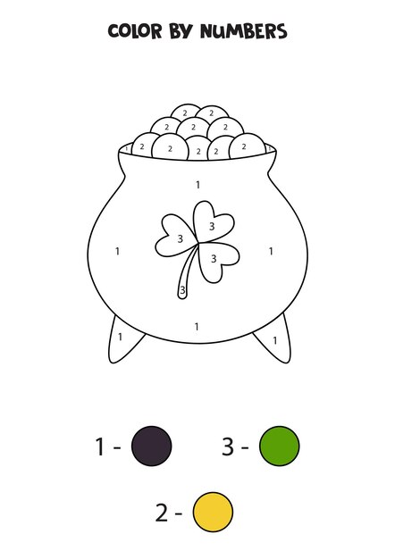 Premium vector coloring page with cartoon shamrock cauldron color by numbers math game for kids