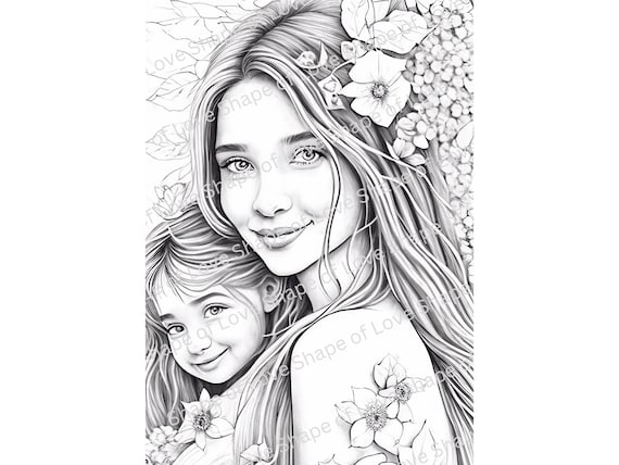 Printable coloring wall art posterã mother and daughter floral adult grayscale coloring pages book original illustration to download instant download