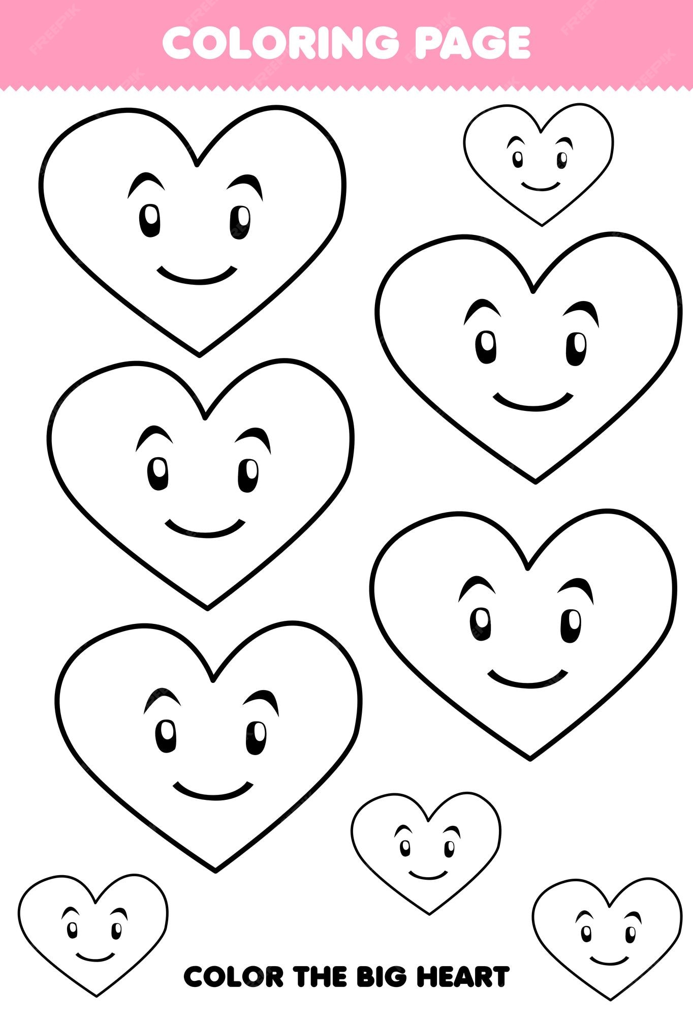 Premium vector education game for children coloring page big or small picture of geometric shape heart line art printable worksheet