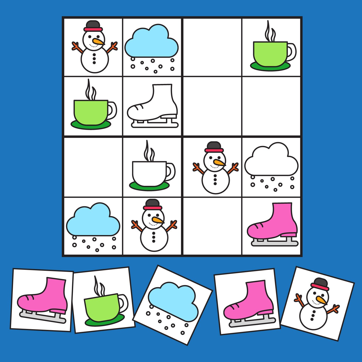 Easy sudoku x winter pictures coloring book for kids