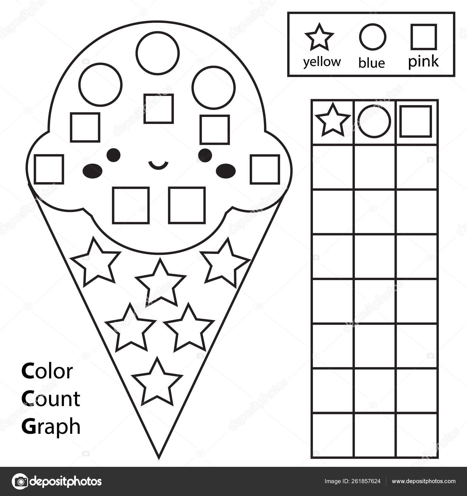 Color count and graph educational children game color ice cream and counting shapes printable worksheet for kids and toddlers stock vector by ksuklein