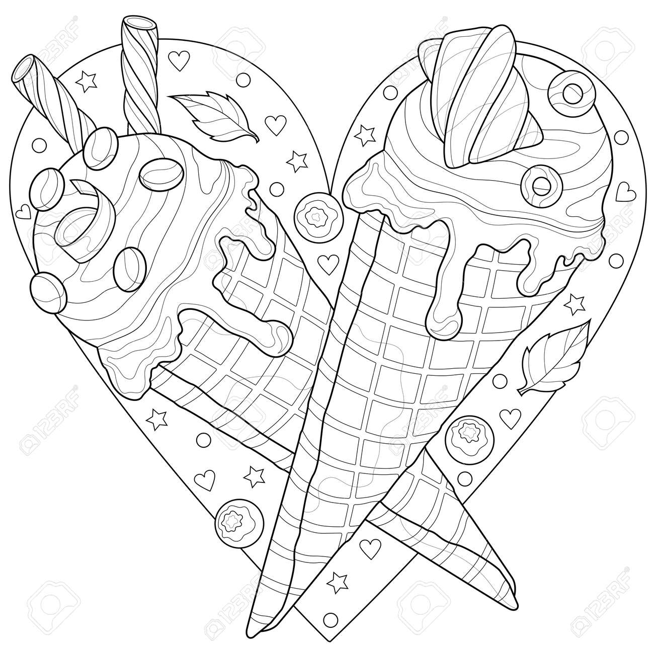 Ice cream cone in the shape of a heartcoloring book antistress for children and adults royalty free svg cliparts vectors and stock illustration image