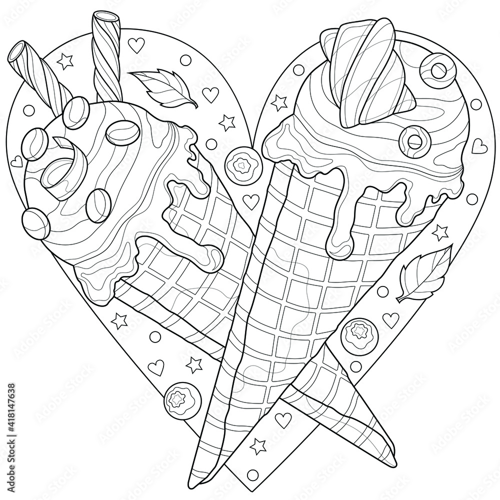 Ice cream cone in the shape of a heartcoloring book antistress for children and adults illustration isolated on white backgroundzen