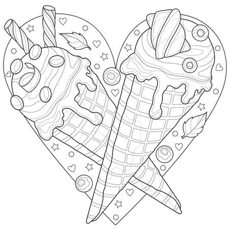 Ice cream cone in the shape of a heartcoloring book antistress for children and adults royalty free svg cliparts vectors and stock illustration image