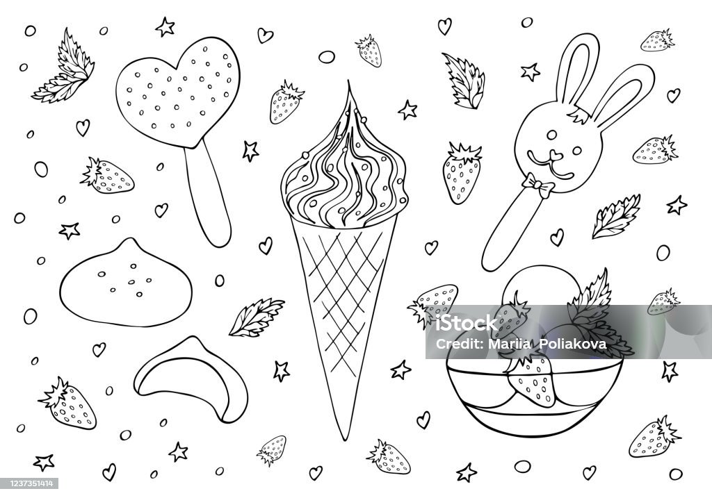 Ice cream set hand drawn black line popsicle on a stick ice cream in the shape of a bunny face waffle cone stock illustration