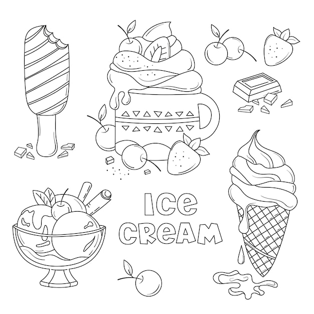 Premium vector ice cream of different shapes coloring book