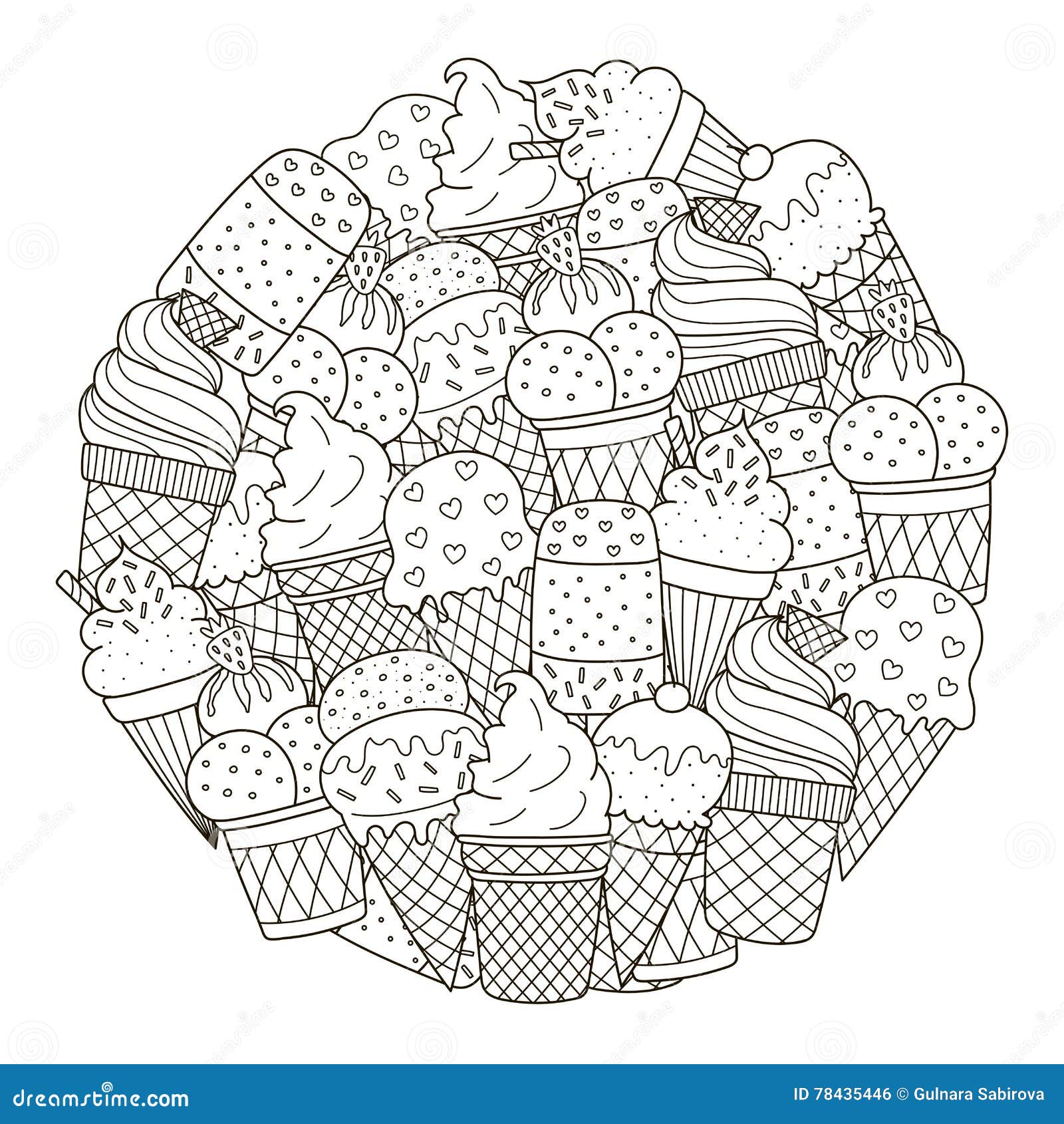 Circle shape pattern with cute ice creams for coloring book stock vector