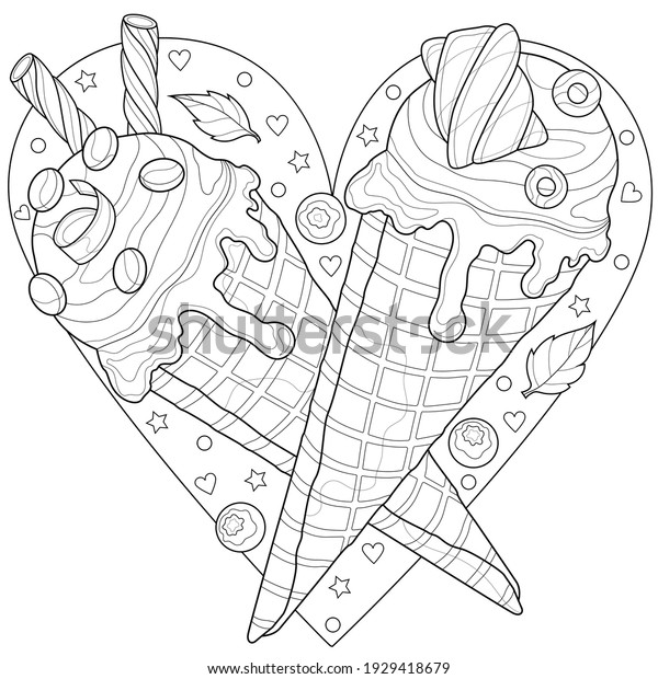 Ice cream cone shape heartcoloring book stock vector royalty free