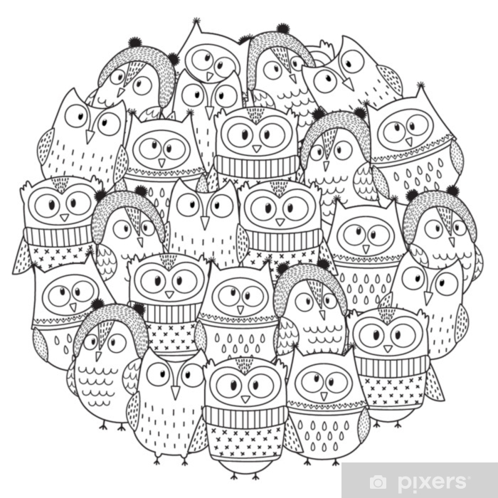 Poster funny owls in winter circle shape pattern for coloring book christmas coloring page vector illustration