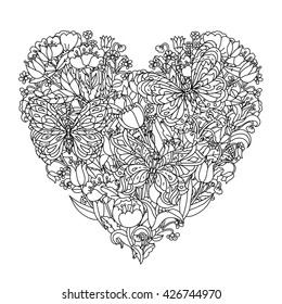 Heart shape flowers butterfly adult coloring stock vector royalty free