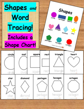 Shapes coloring pages with word tracing includes shape chart